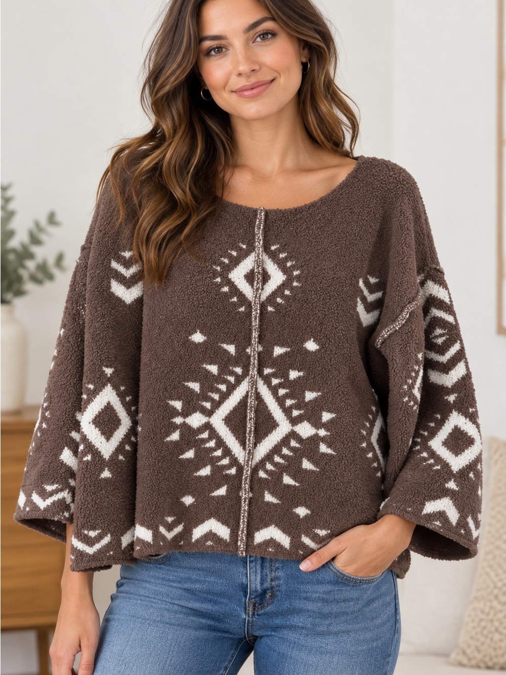 BiBi Brown and Cream Aztec Sherpa Sweater (090788) 🍂 ☀️